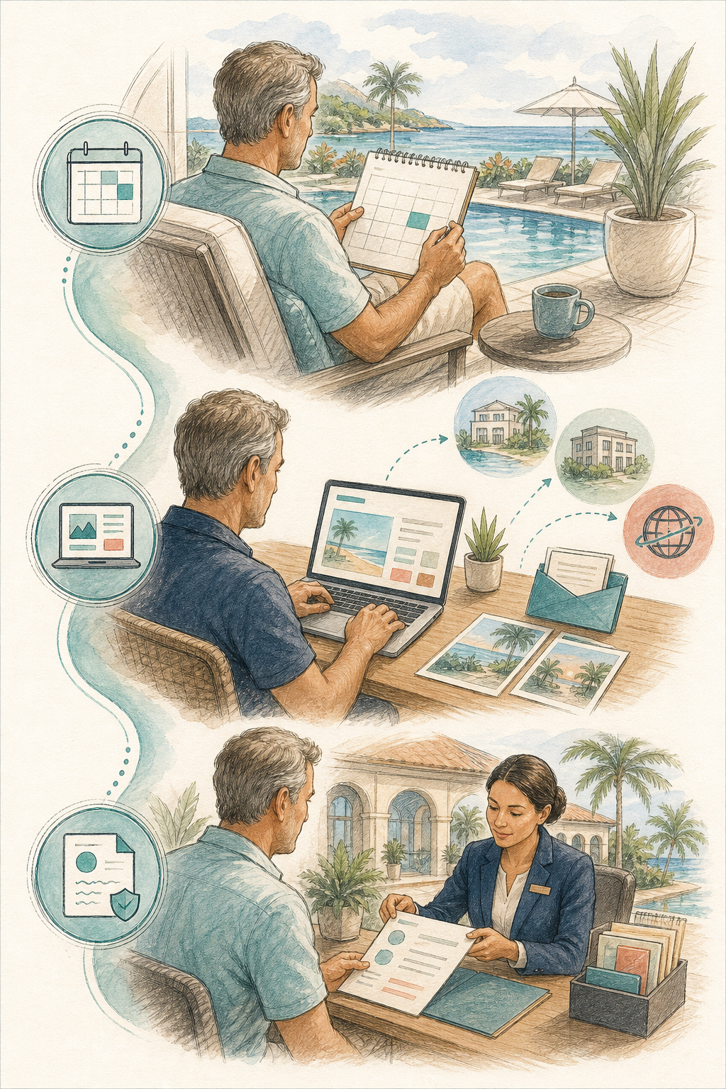 Illustrated timeshare owner pathway showing available week review, listing setup, and transfer proof handoff.
