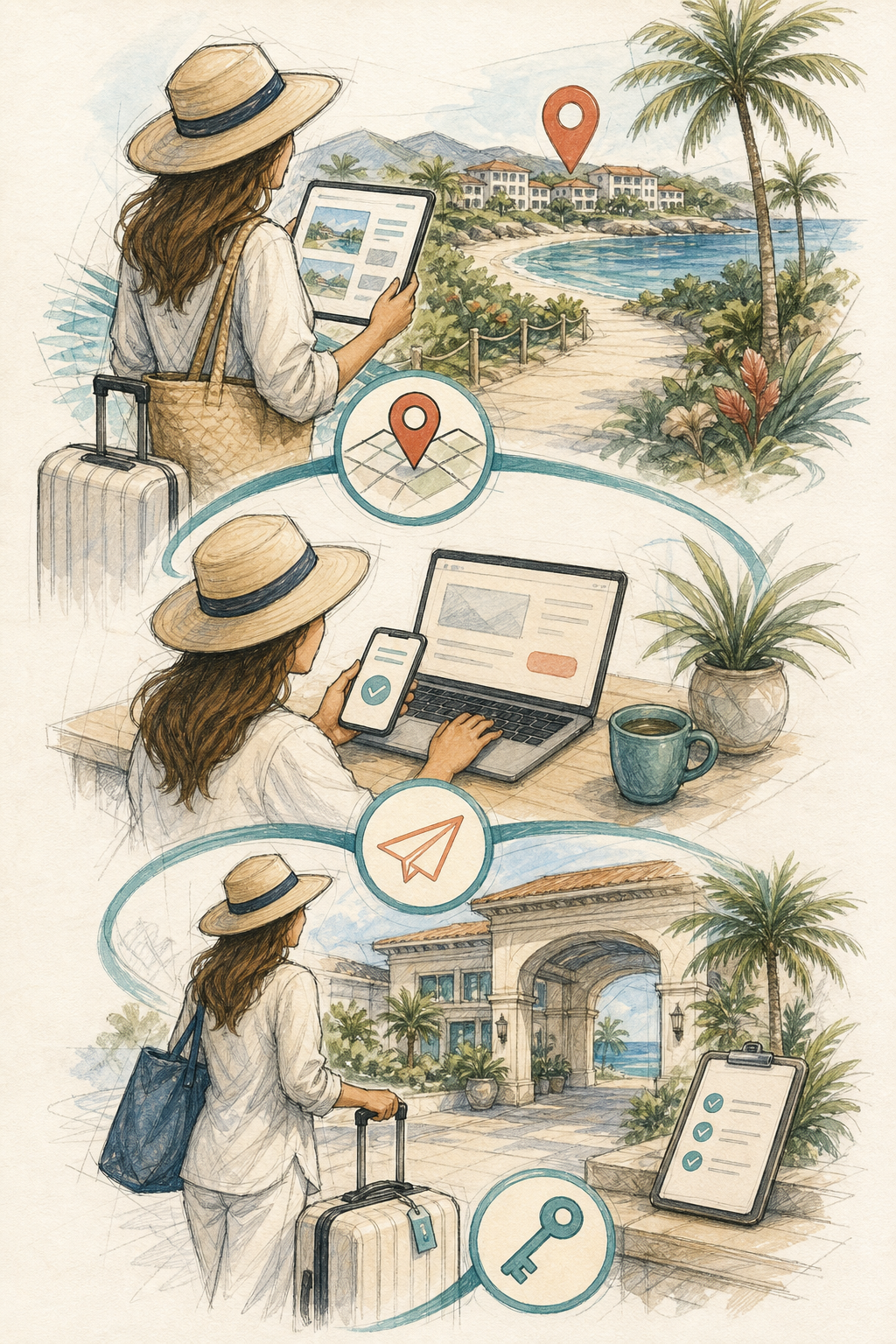 Illustrated traveler pathway showing resort discovery, stay request, and verified check-in details.